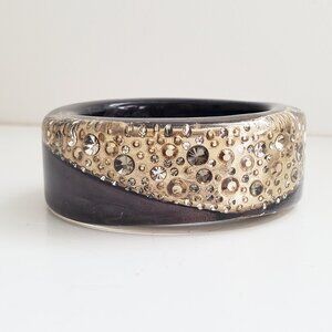 Luc Kieffer Resin Black Multi Swarovski Crystal Gold Filigree Bangle NEW